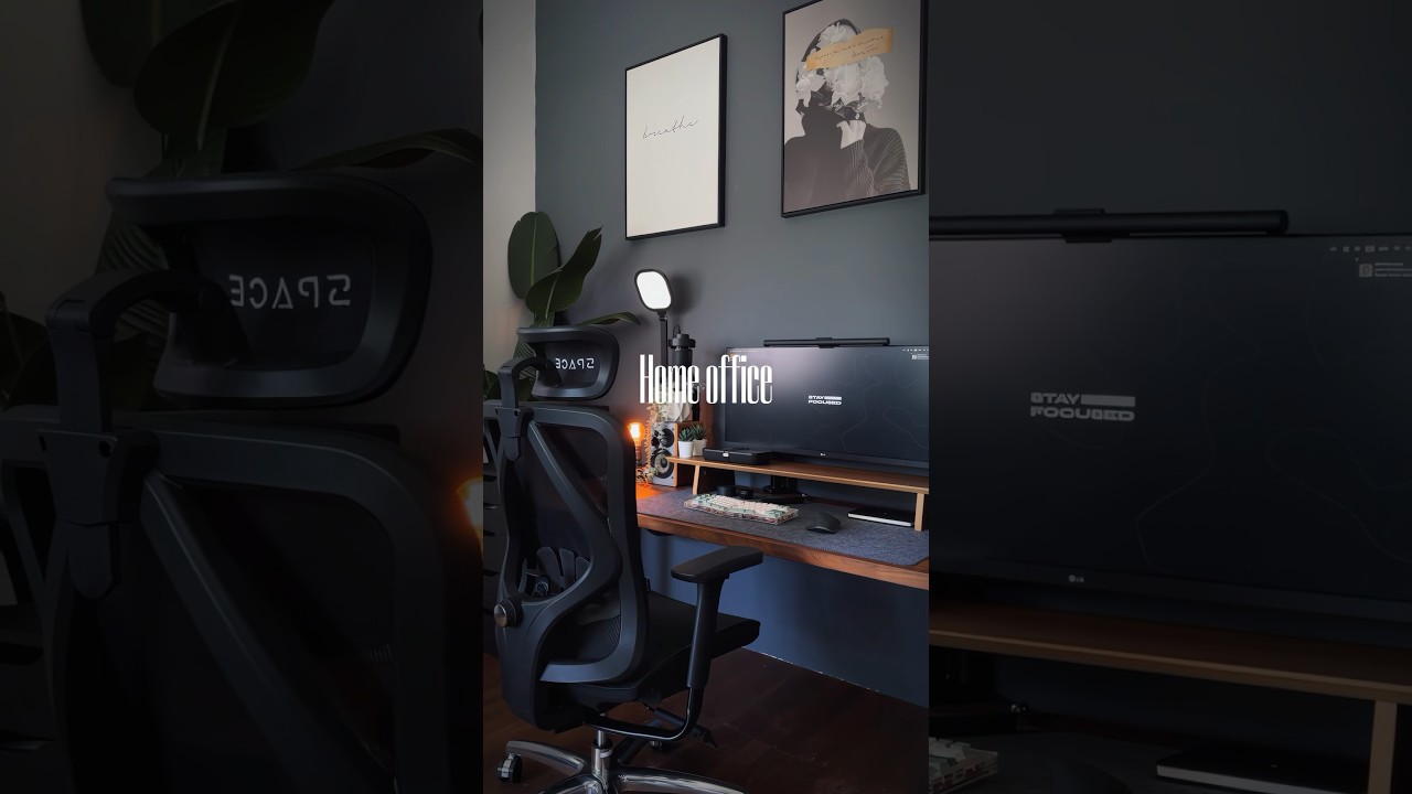 Dark mode dream home office desk setup with wood tones #desksetup #workspace #homeoffice #setuptour
