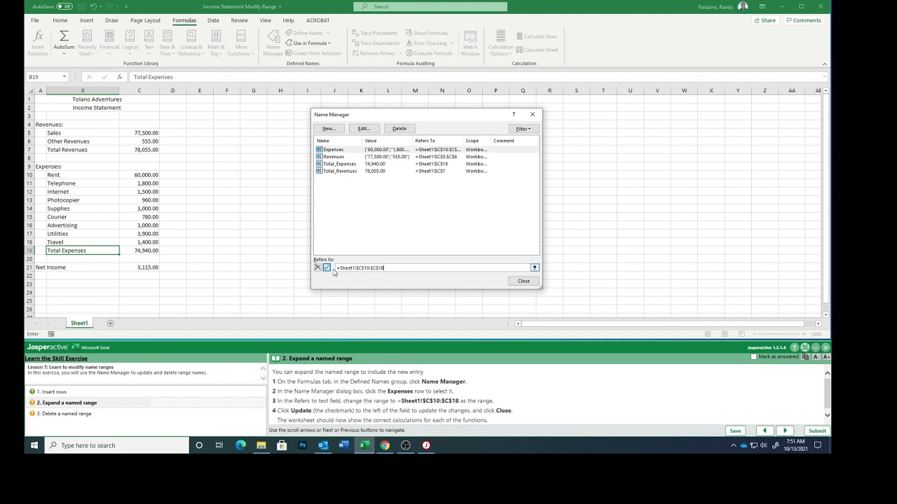 Excel Lesson 7b Modifying & Deleting Named Ranges