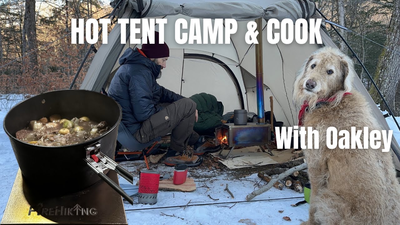 Hot Tent camp & cook with my dog - beef in red wine on the wood stove