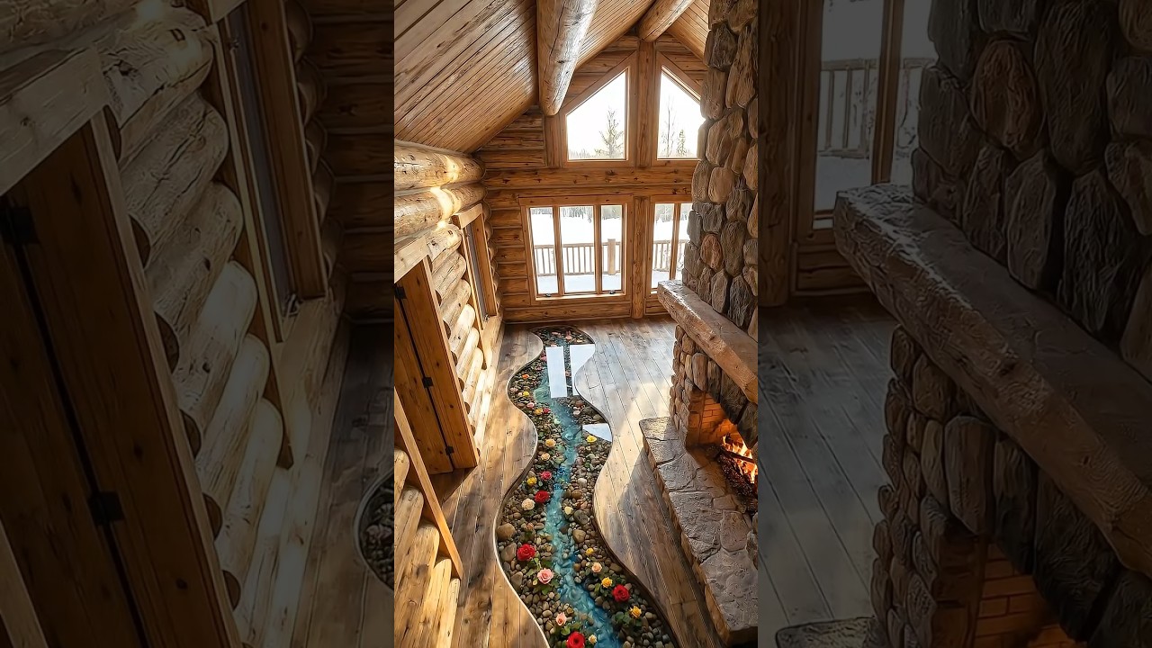 Stunning Epoxy River Floor with Roses | Cozy Cabin Interior Design #epoxyfloor #cabininterior #usa