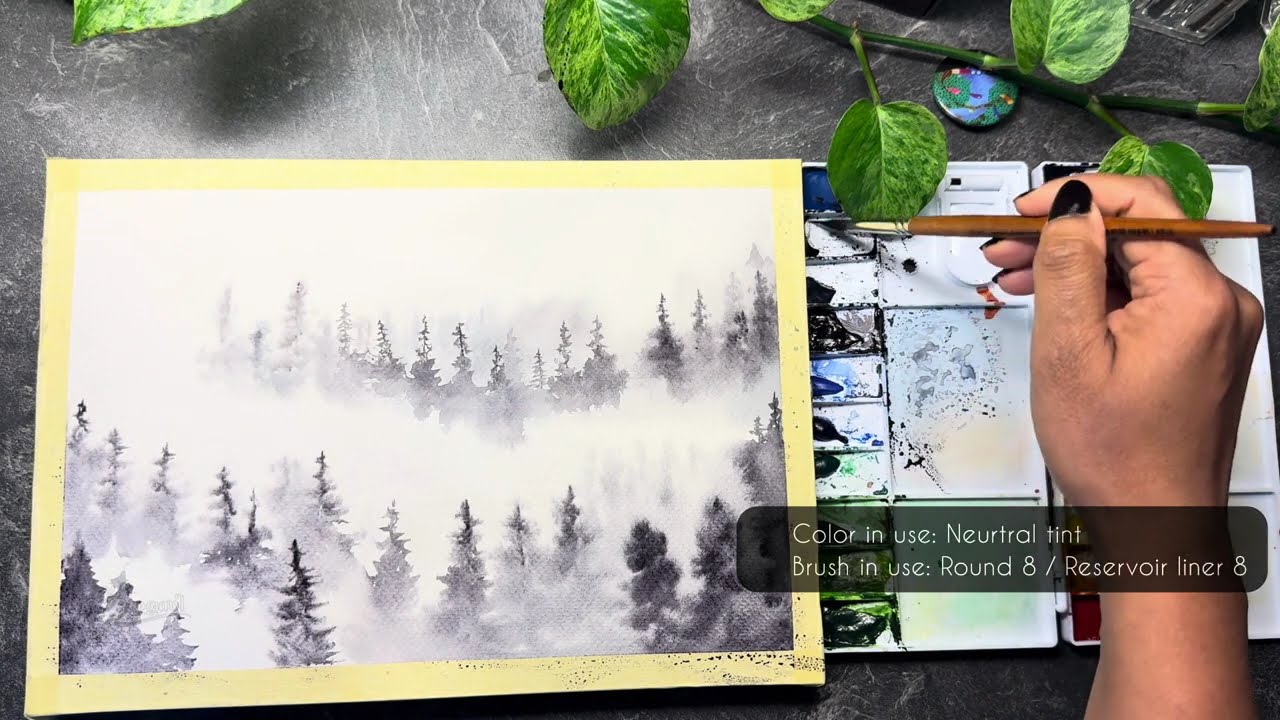 Misty Forest Watercolor | Calm Monochrome Pine Landscape