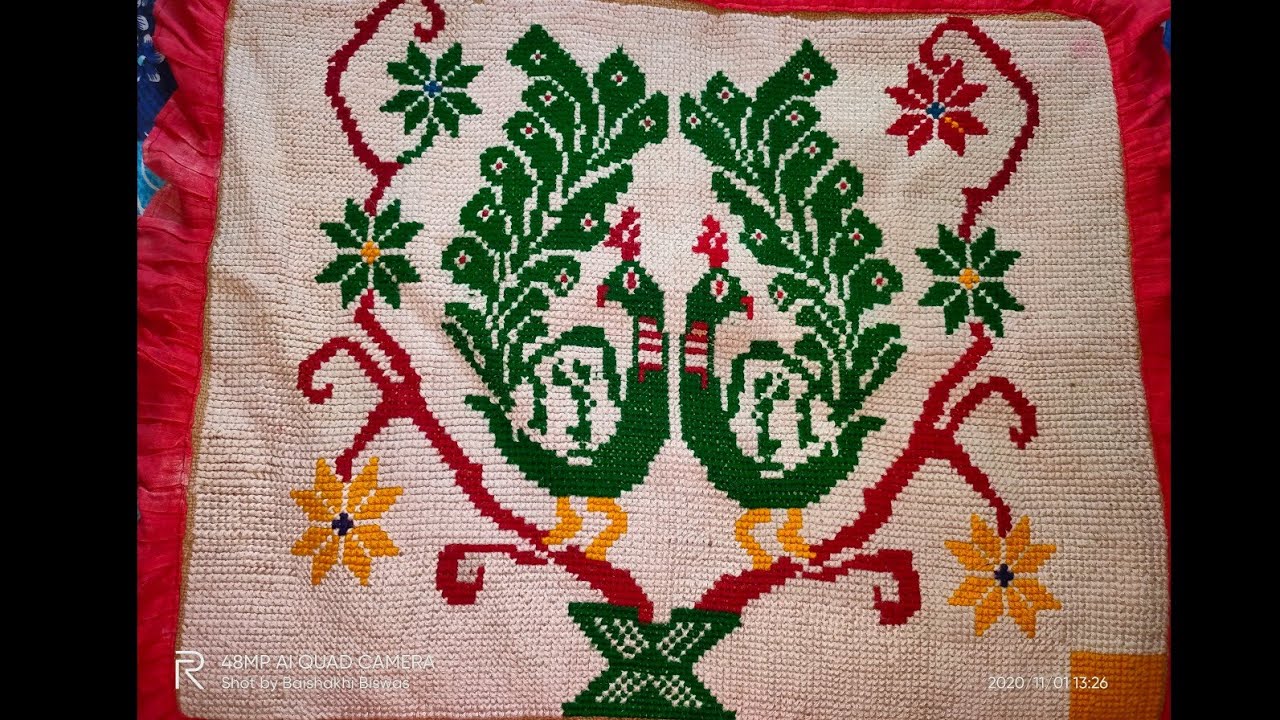 #Cross stitch Double Peacock 🦚 Asan design with flowers on jute mate#Cross stitch peacock 🦚 design#