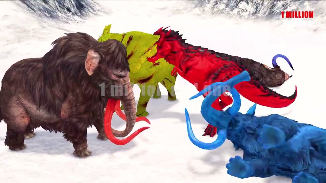Two Wooly Mammoths vs Zombie T-Rex , Mammoth and Elephant
