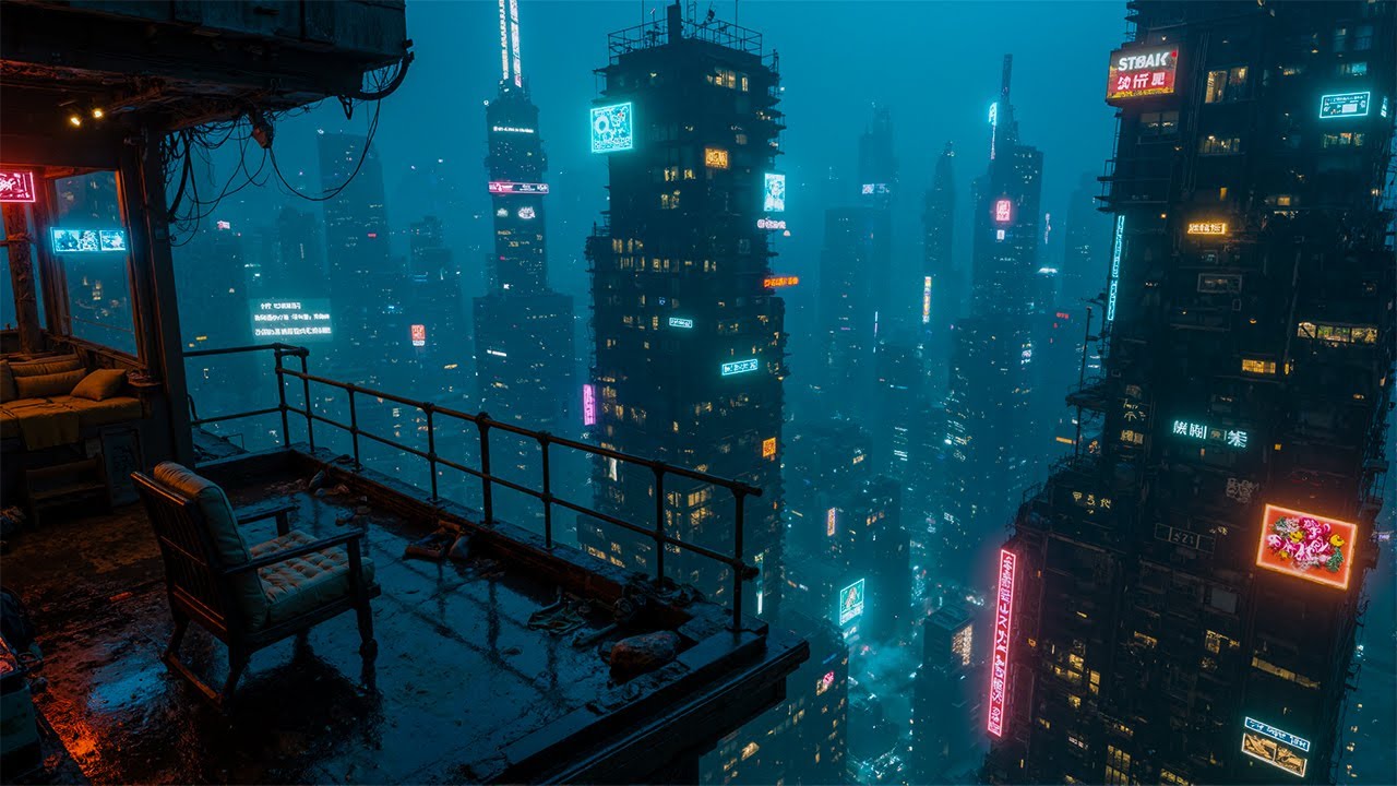 Lonely Balcony Above a Neon Megacity 🌃 Cyberpunk Rainy Night Cityscape | 4K