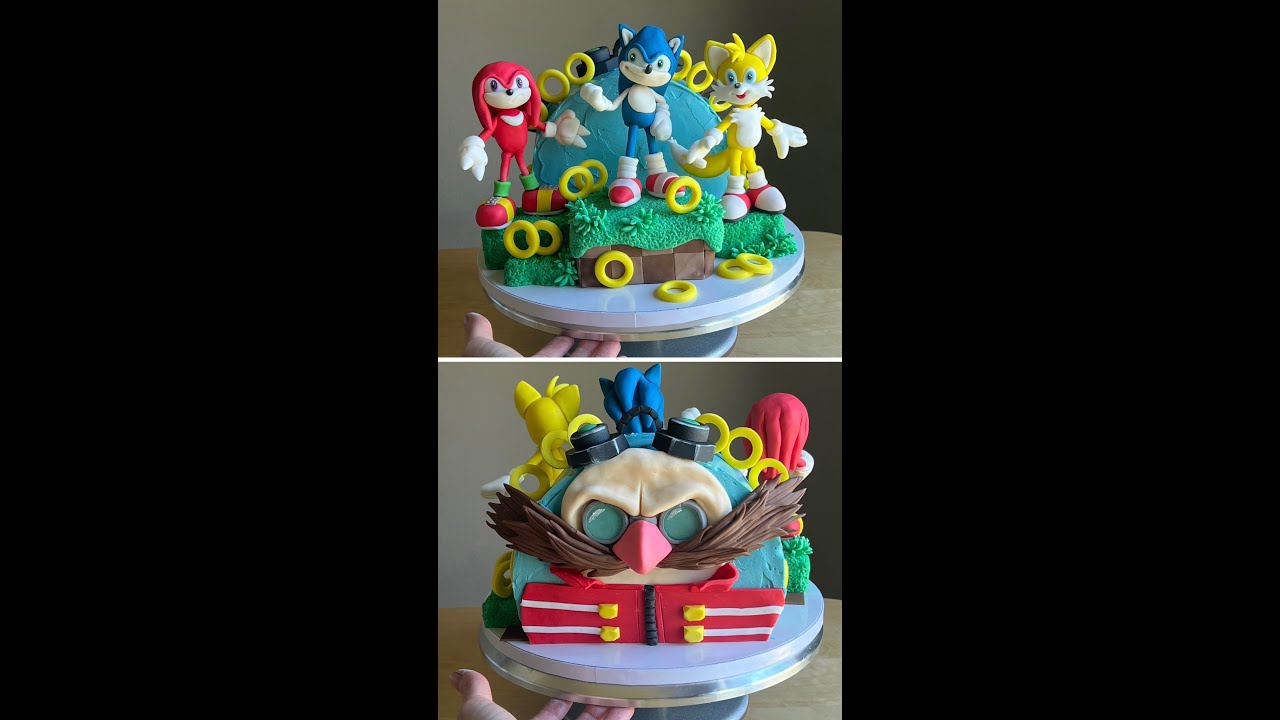 Sonic cake decorating with fondant toppers and 2d character on the back