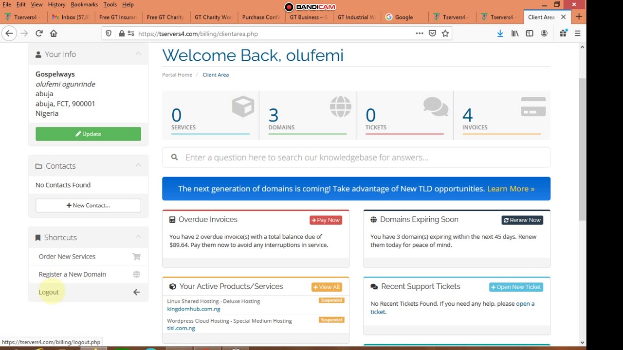 understanding whmcs billing client area on Tservers4 Web Hosting