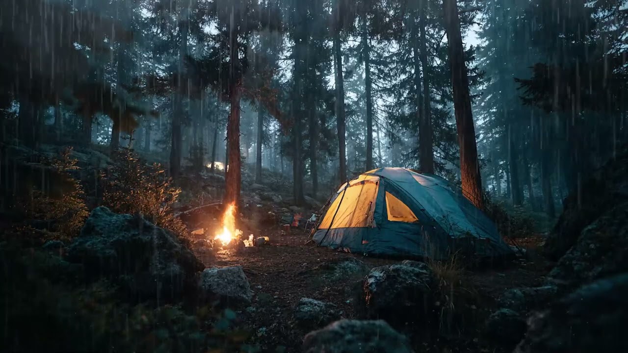 Zelten im nächtlichen Regenwald mit Feuer – Entspannende Atmosphäre für Geist und Schlaf