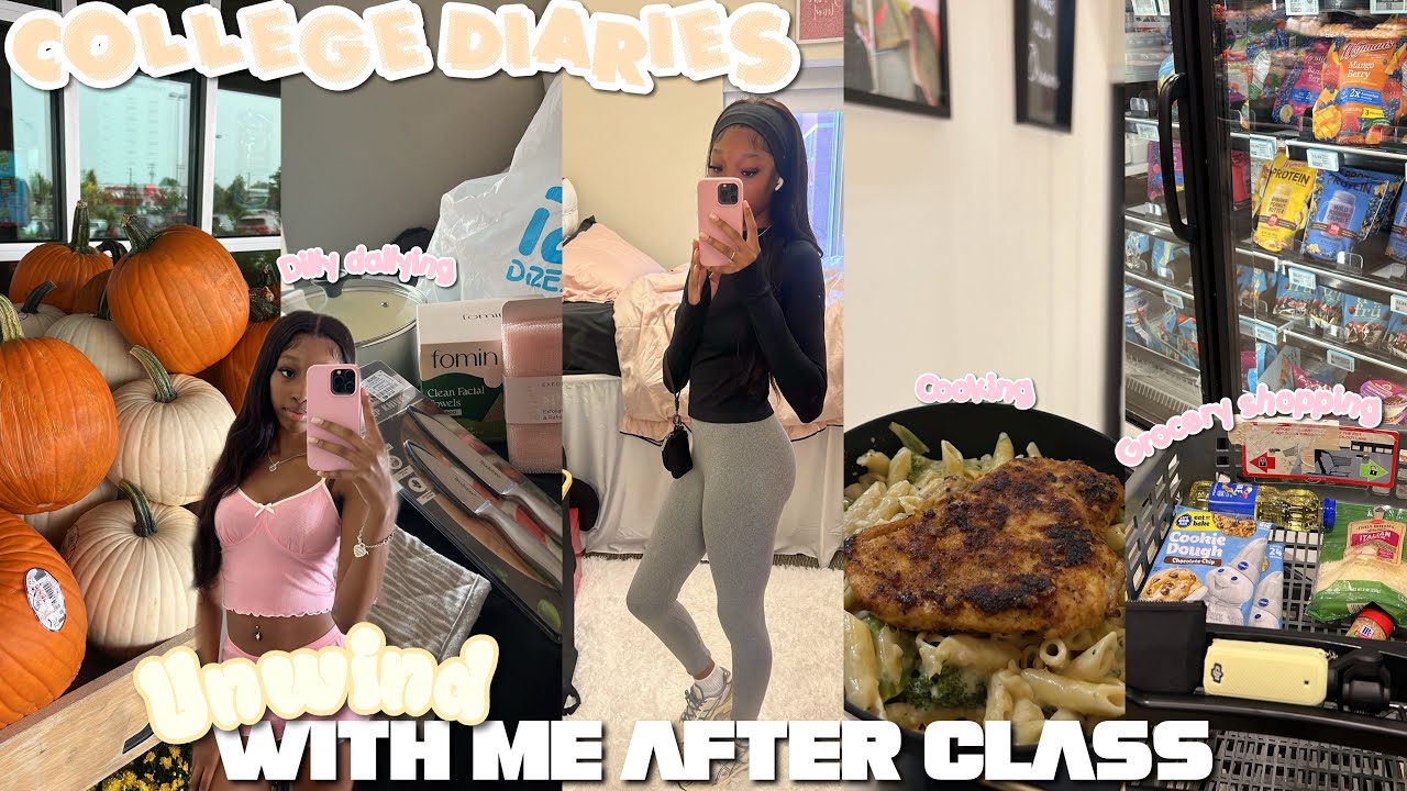 unwind w me after class in college: dilly dallying, grocery run, cooking, hygeine routine + more