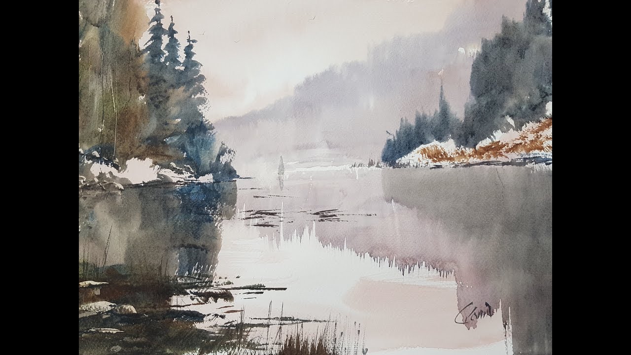 Зимнее озеро и горы. Акварельная картина по фотографии-образцу