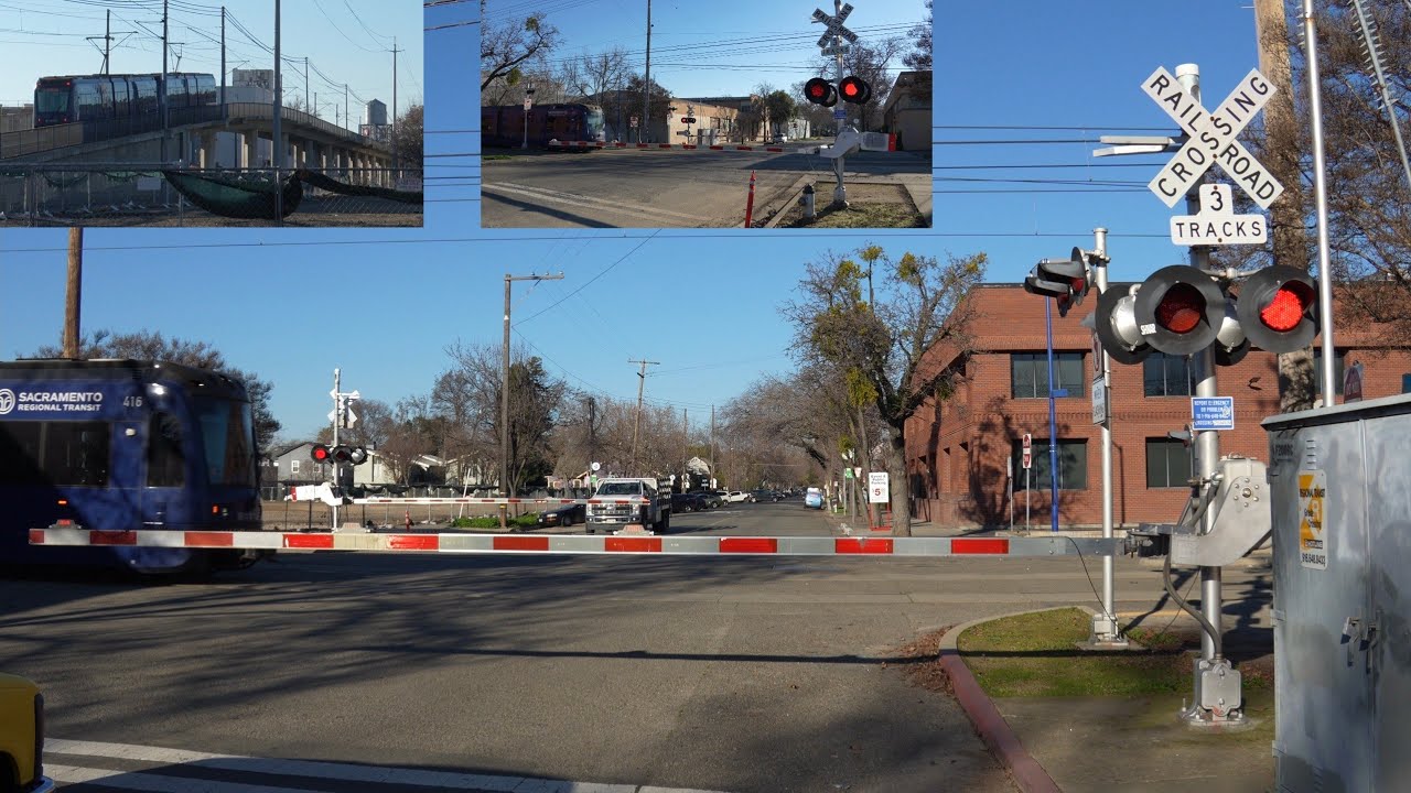 23rd St. Railroad Crossing - Sacramento, CA | SACRT Light Rail Trains & Bee Bridge View Inbound