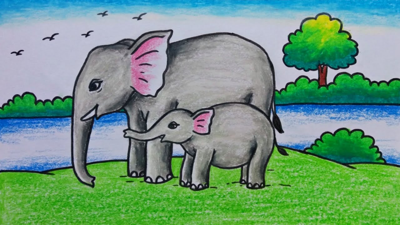 How to Draw Mother Elephant and Baby Elephant/Cute Elephant Drawing Scenery Colour/हाथी का चित्र