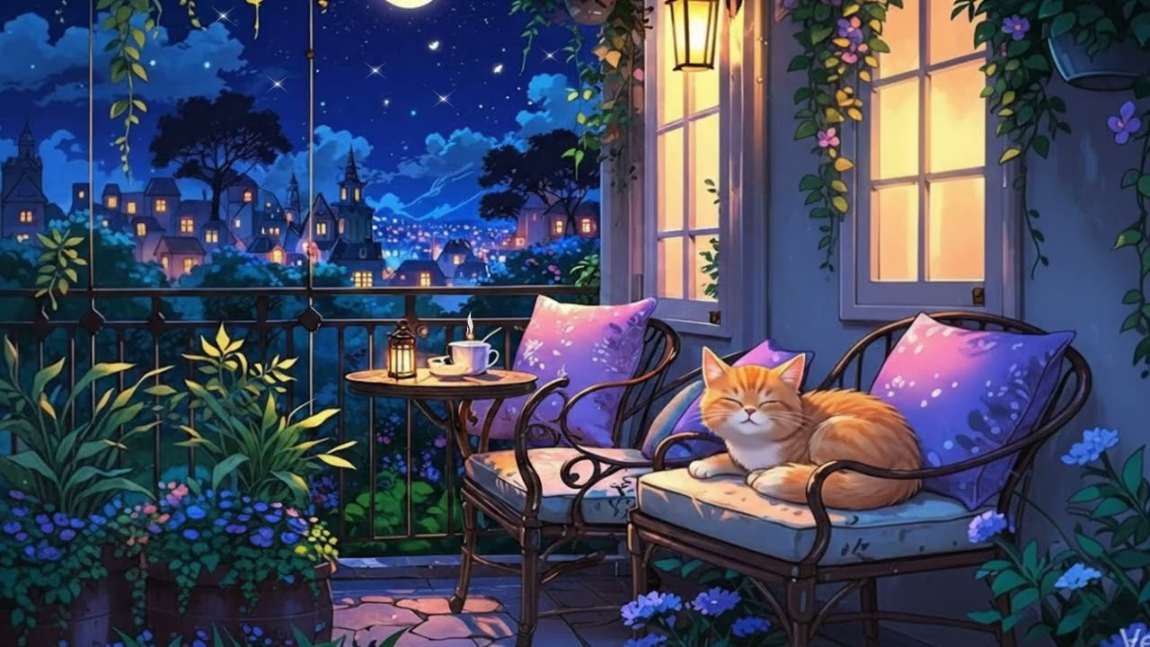 Cozy Balcony Night with Cat & Lofi Music | Relaxing Study and Chill