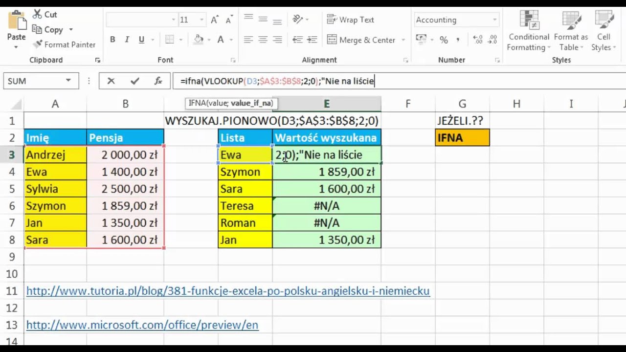 Excel 2013 Rzut okiem #4 - IFNA i VLOOKUP czyli co jeśli nie ma wartości na liście