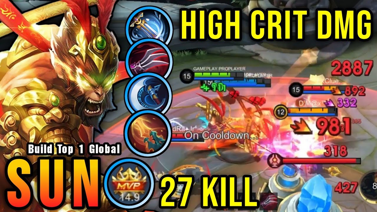 27 Kills!! Offlane Monster Sun High Critical Damage (1 SHOT DELETE) - Build Top 1 Global Sun ~ MLBB