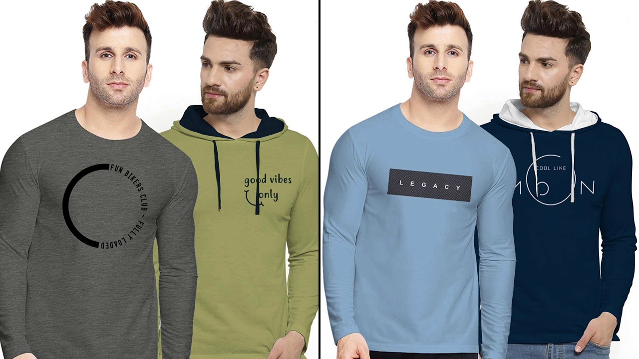 BULLMER Mens Printed Hooded & Round Neck Cotton Tshirt - Pack of 2