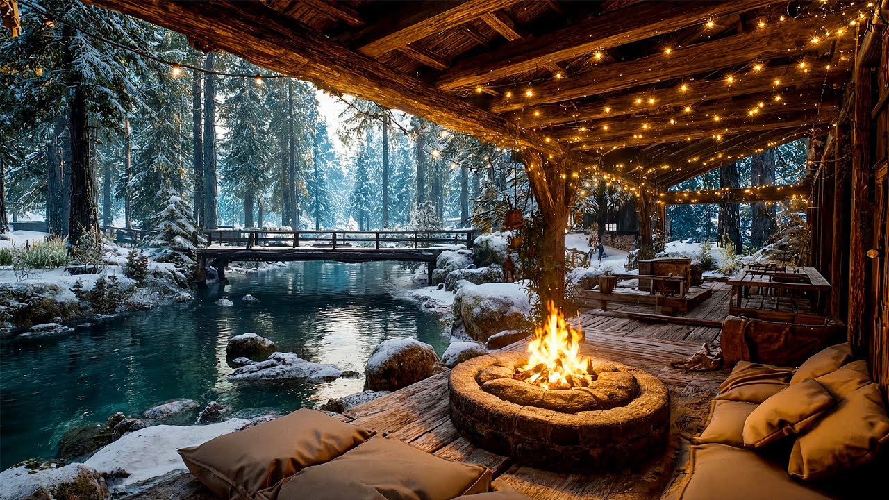 Winter by the Riverside Porch | Fire Pit and Nature Sounds for Comfort and Relaxation