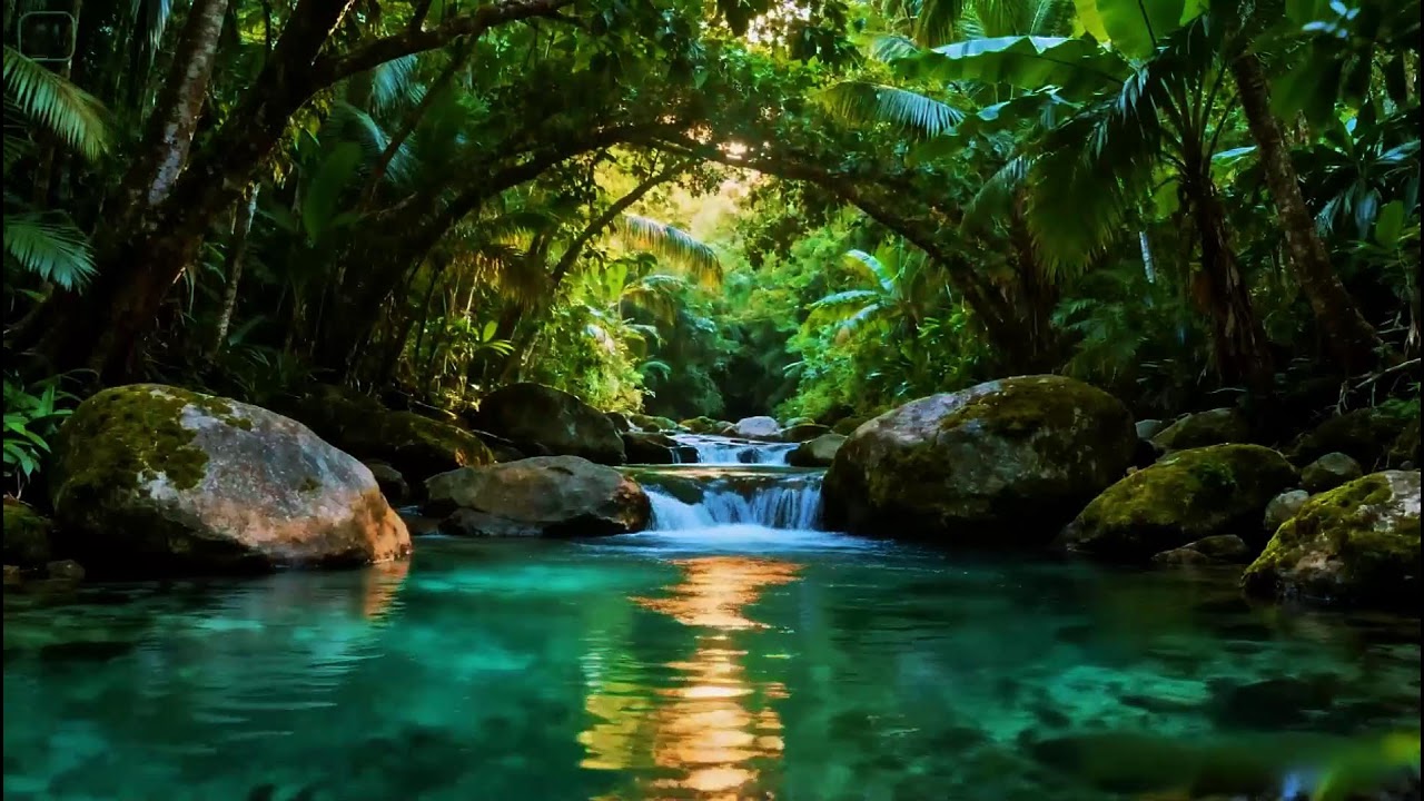 Tranquil Forest Nature Ambience | River Flowing in Hidden Forest | Natural Birds Chirping Sounds