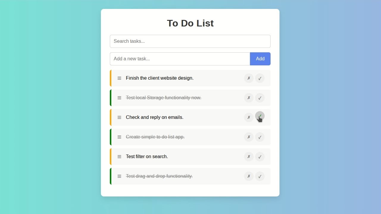 Simple To Do App with Drag and Drop, Local Storage + Search Filter HTML CSS JavaScript