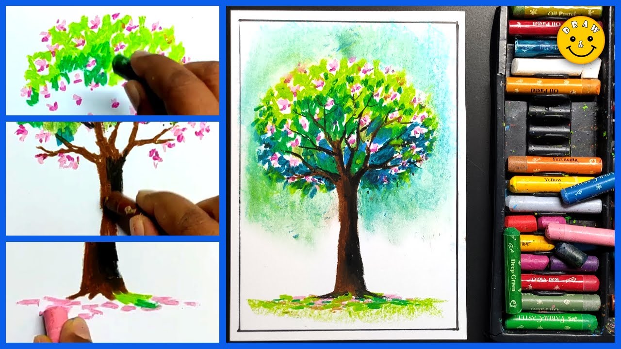 How To Draw A Tree With Oil Pastel || Flower Tree Drawing Easy @drawandsmile