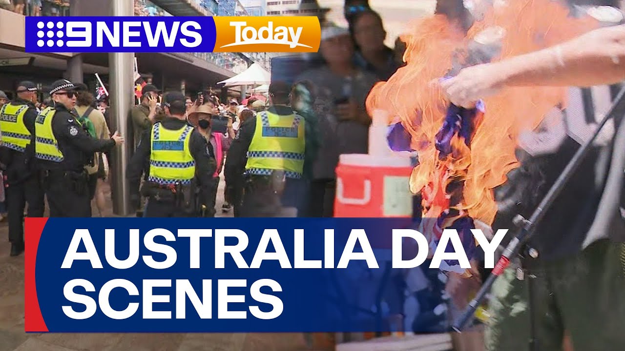 Scenes unfold on Australia Day with bomb threats and flags on fire | 9 News Australia