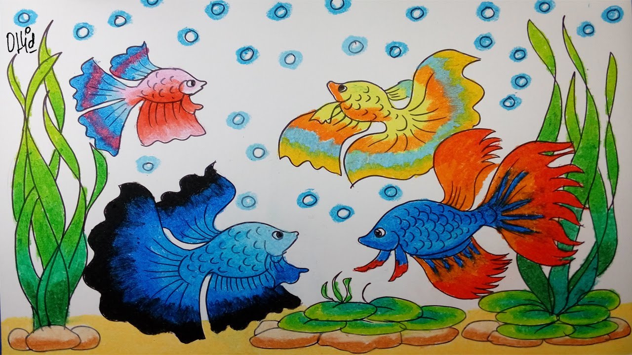 Cara Menggambar Ikan Cupang Dan Tanaman Air Dengan Crayon/Oil Pastel
