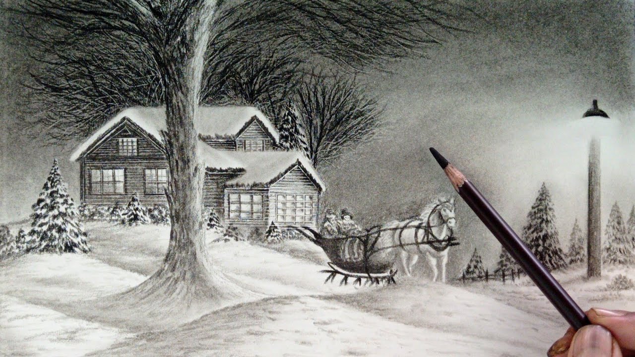 Night mode winter place landscape scenery drawing with pencil easy steps //Pencil drawing nature //