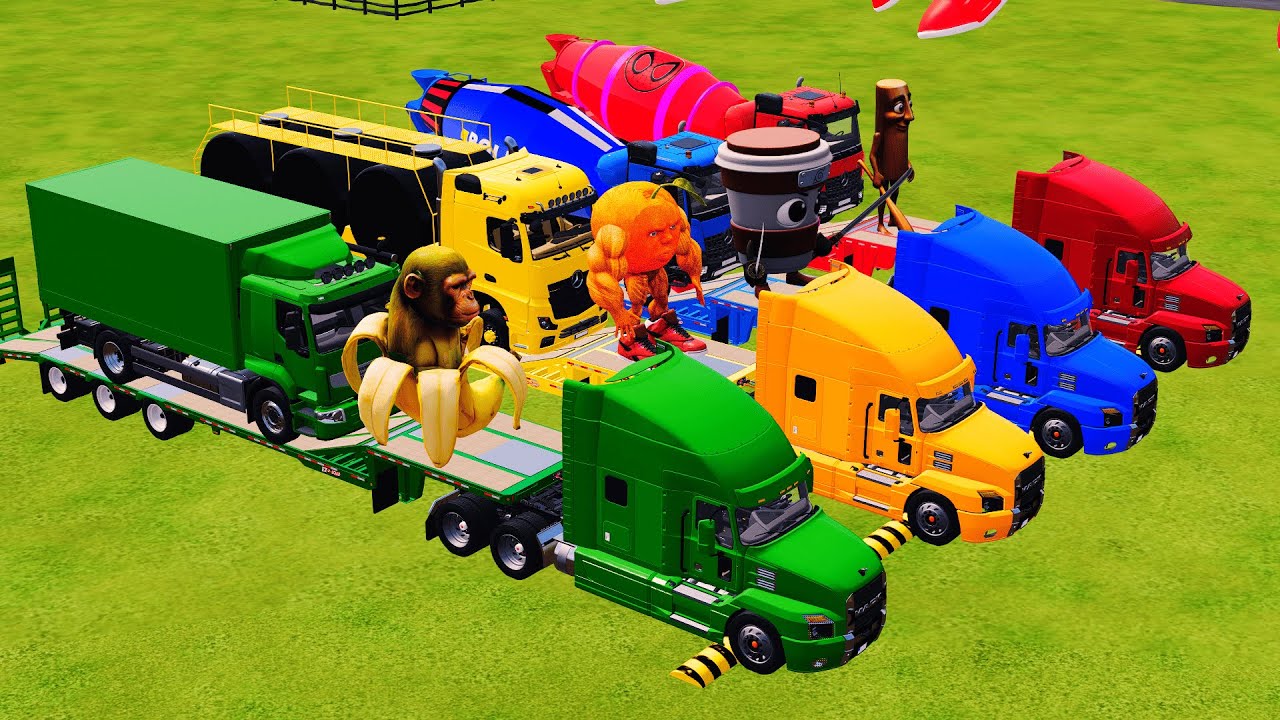 Trucks with Colors - TRANSPORTING MIXER TRUCK & FUEL TRUCK with FLATBED TRAILER TRUCK! - V7 | FS22