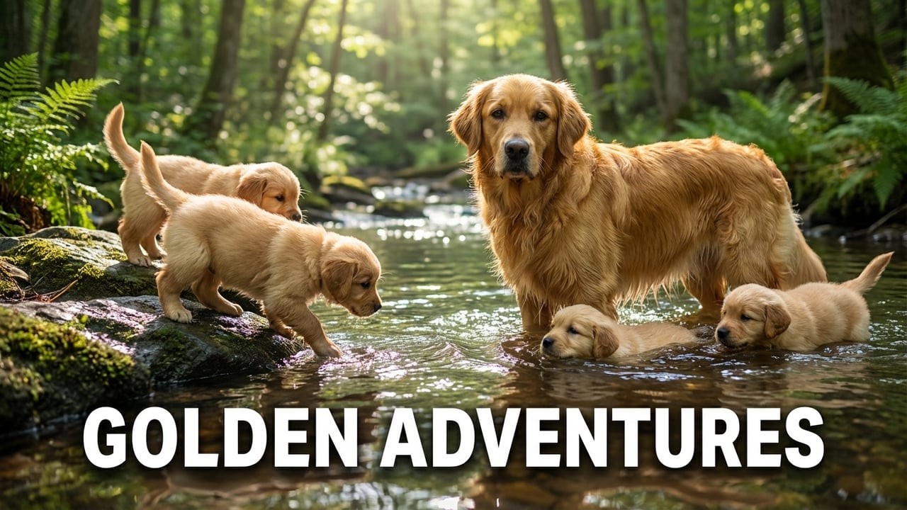 First Time in Water: Golden Retriever Puppies and Their Watchful Mother