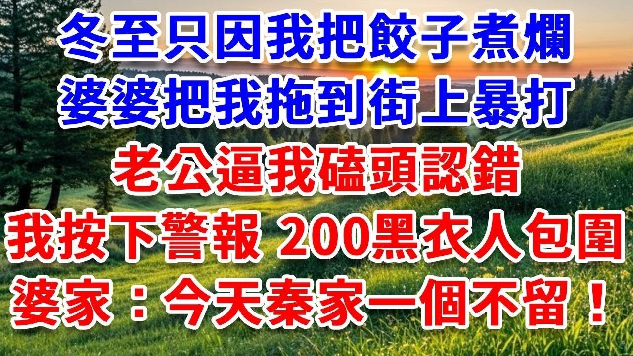 冬至只因我把餃子煮爛，婆婆把我拖到街上暴打，老公逼我磕頭認錯，我按下警報，下一秒200黑衣人包圍婆家：誰都敢惹，今天一個不留！#詩涵講故事#為人處世#生活經驗#情感故事#晚年哲理#說故事#完結文