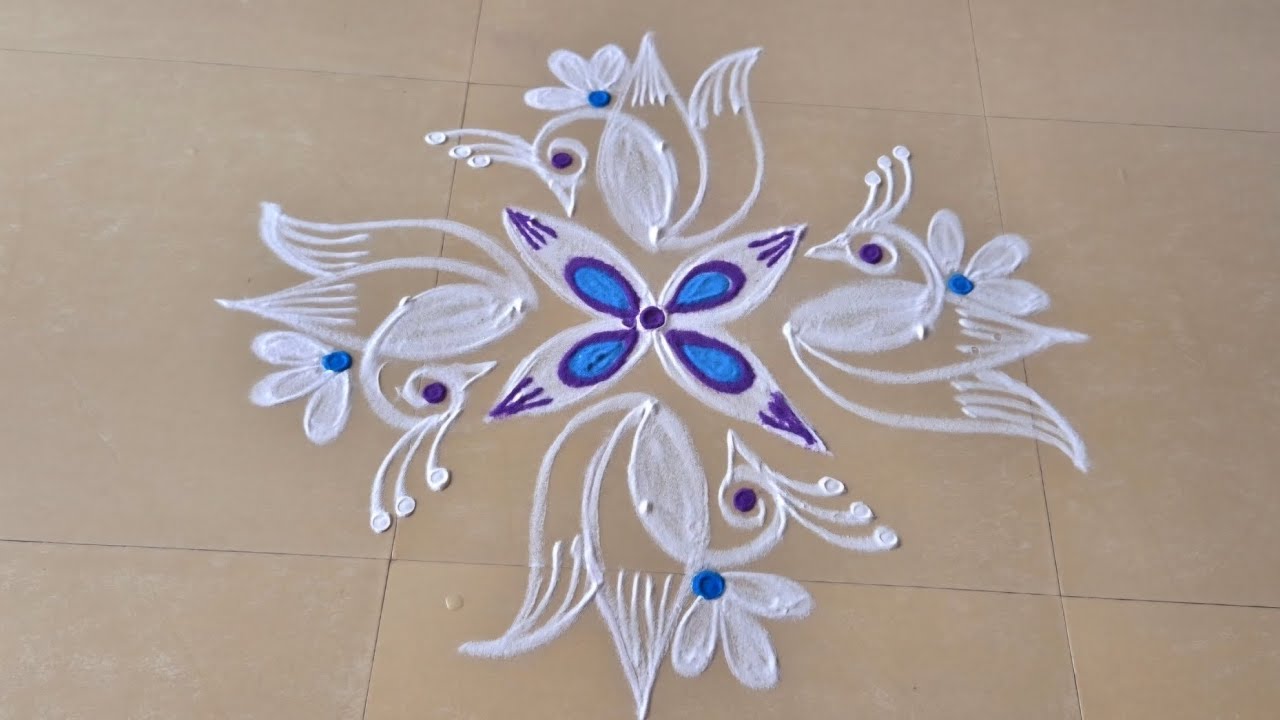 #Saraswati pooja rangoli (5-1)/Friday rangoli designs/Peacock rangoli/Beautiful rangoli