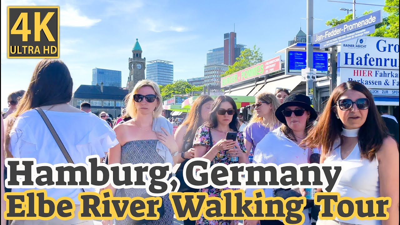 Top Tourist Location | Walking Tour ☀️  Along the Iconic Elbe River of Hamburg | 4K UHD 60FPS