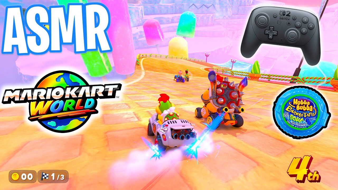 ASMR Gaming 😴🏎️ Mario Kart World Nintendo Switch 2 Gum Chewing 🎮🎧 Pro Controller Sounds + Whispers 💤