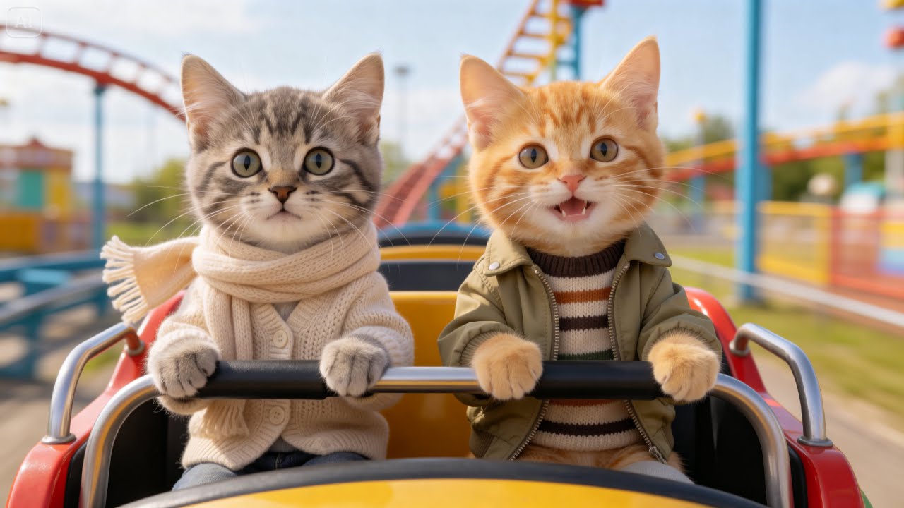 Ginger Cat & Gray Cat at the Amusement Park 🎡🐾