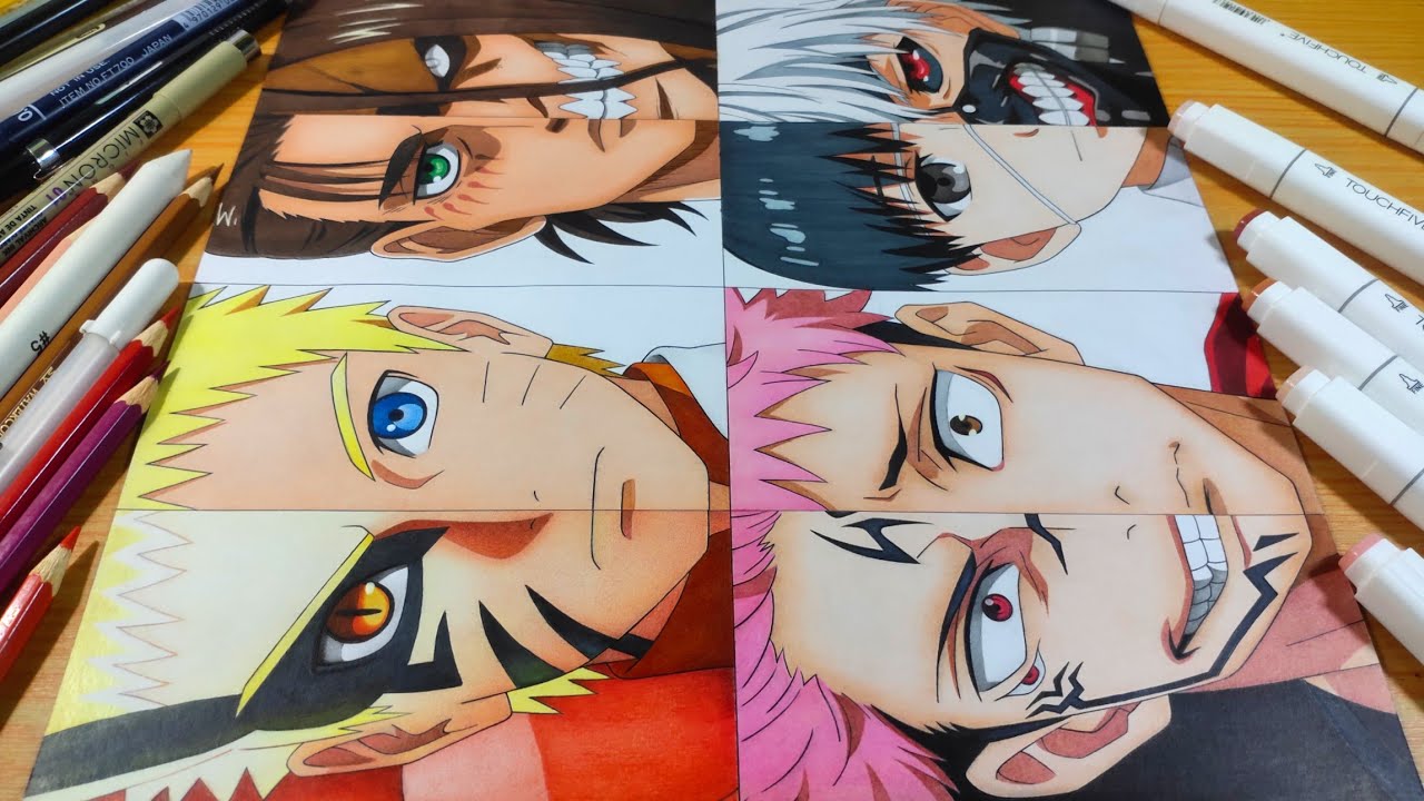 Drawing - NARUTO, EREN, ITADORI, & KANEKI with their rage mode