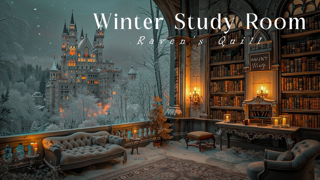 Winter Study Room with Castle View | Gothic Library Ambience | Dark Academia Piano for Night Reading