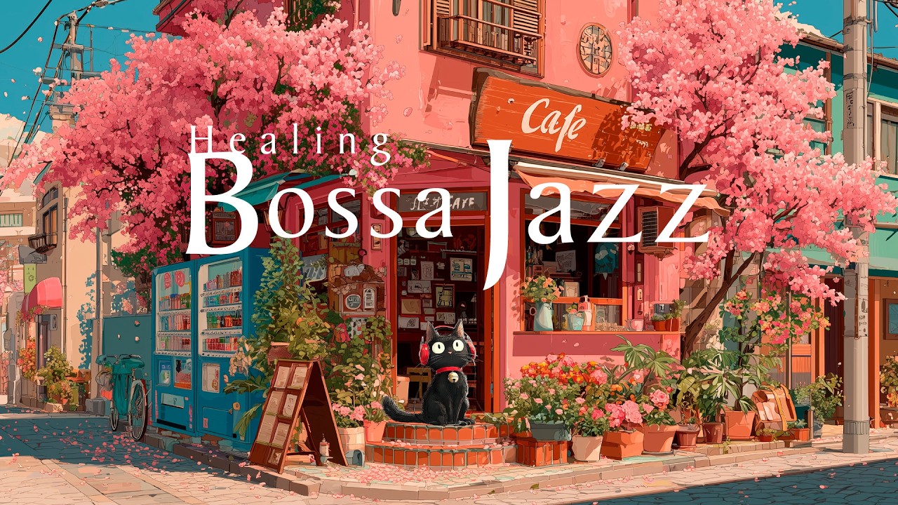 Spring Sunlit Cafe BGM | Retro Cherry Blossom Streets & Music-Loving Black Cat