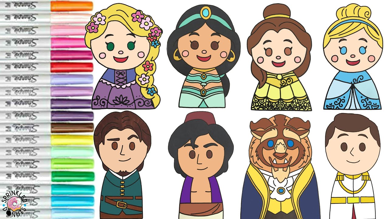 Disney Princess Coloring Book Compilation Disney Kidea Jasmine Aladdin Belle Beast Rapunzel Flynn