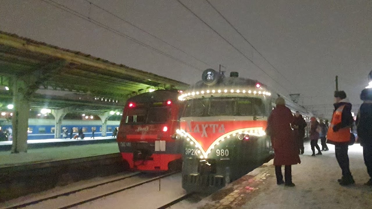 Пригородный поезд. Полный маршрут павлоск-витебский вокзал. Электропоезд ЭР2К ретропоезд лахта