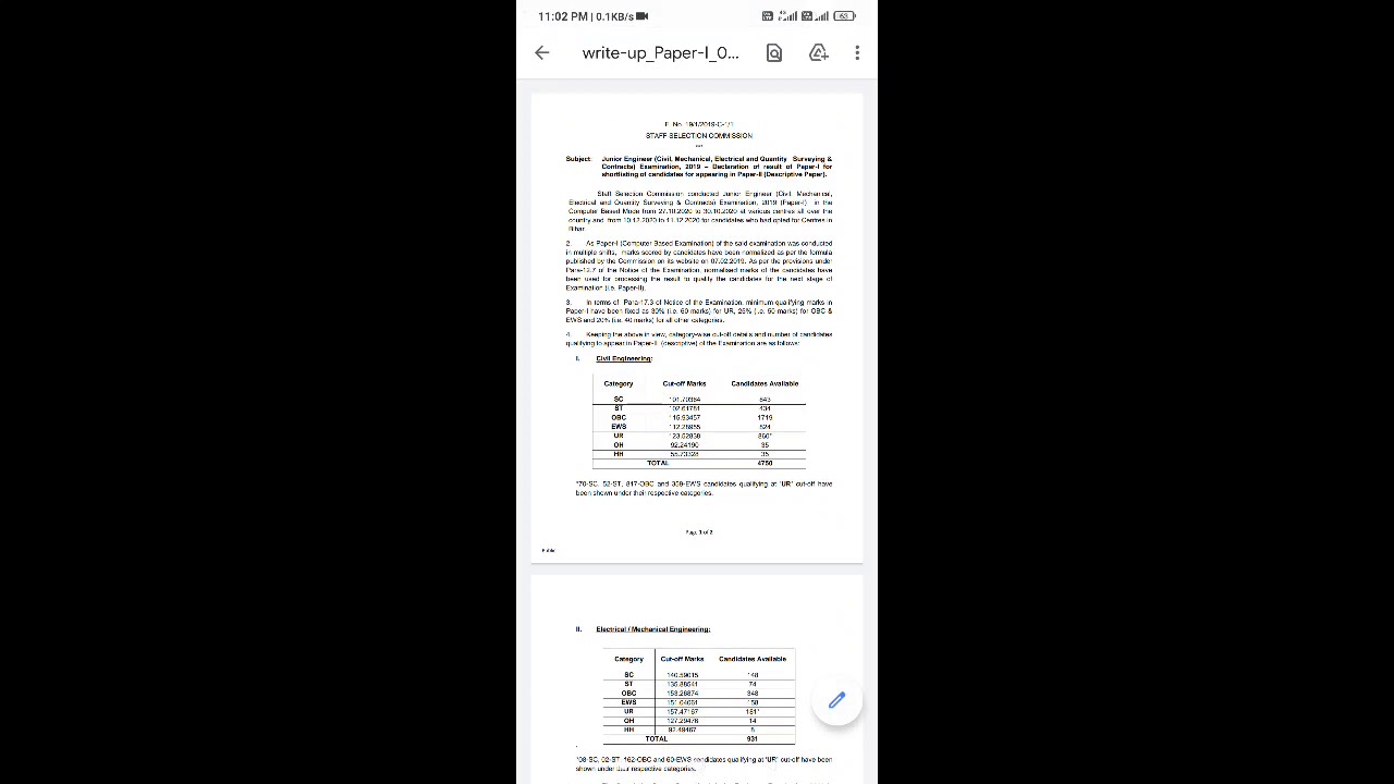 ssc je paper 1 results 2021