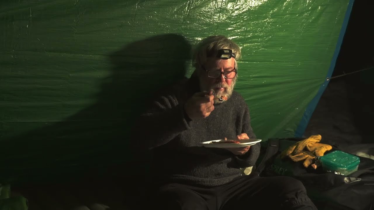 Old man hiker. ASMR Winter tarp camping. Cooking salmon outdoors. Mental health healing. Night alone