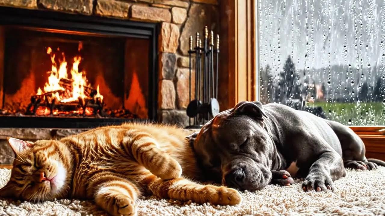 Cozy Cat & Dog Sleeping by the Fireplace 🔥 Heavy Rain & Thunderstorm Night with Gentle Snoring 😴🌧️