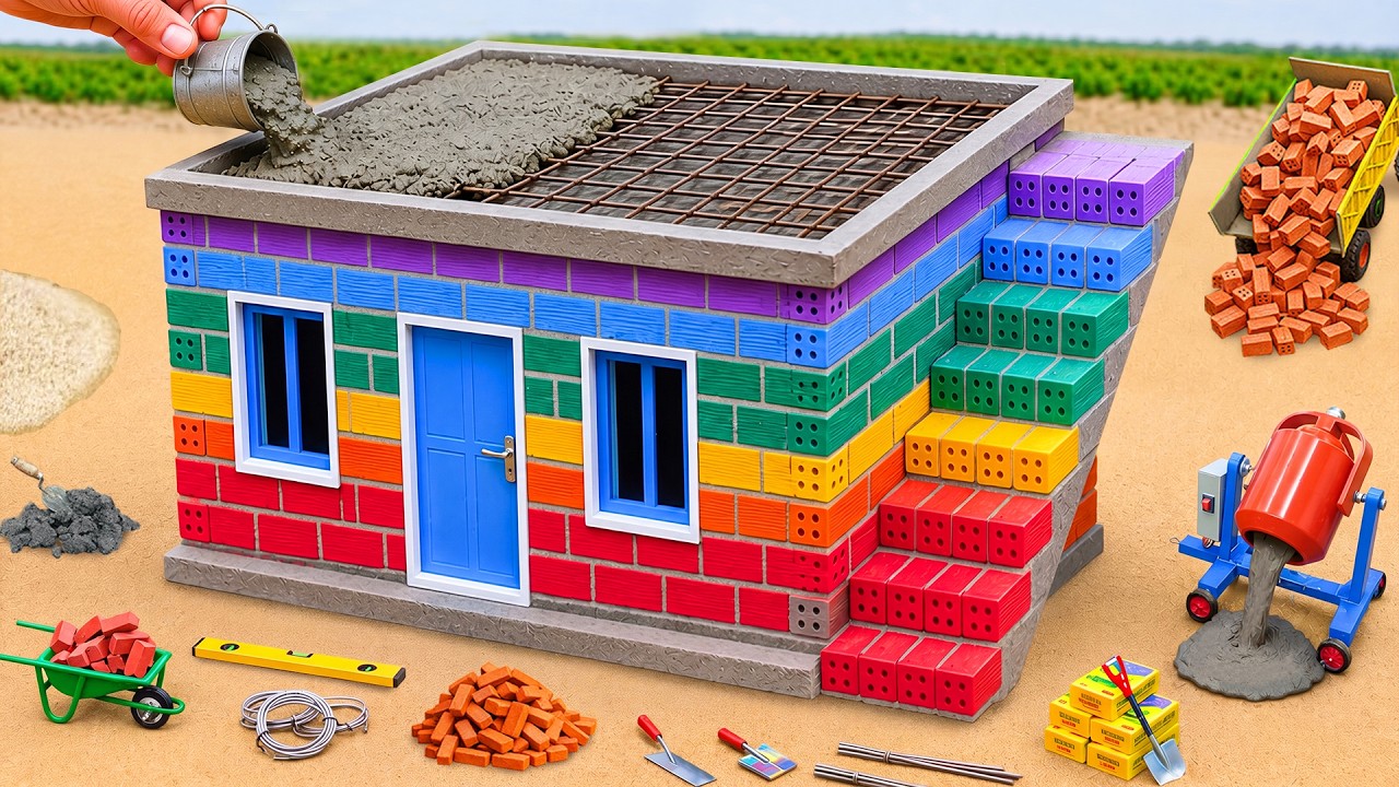 Tree Flattens House - DIY Mini House Building Rainbow Bricks and Cement Construction Science Project