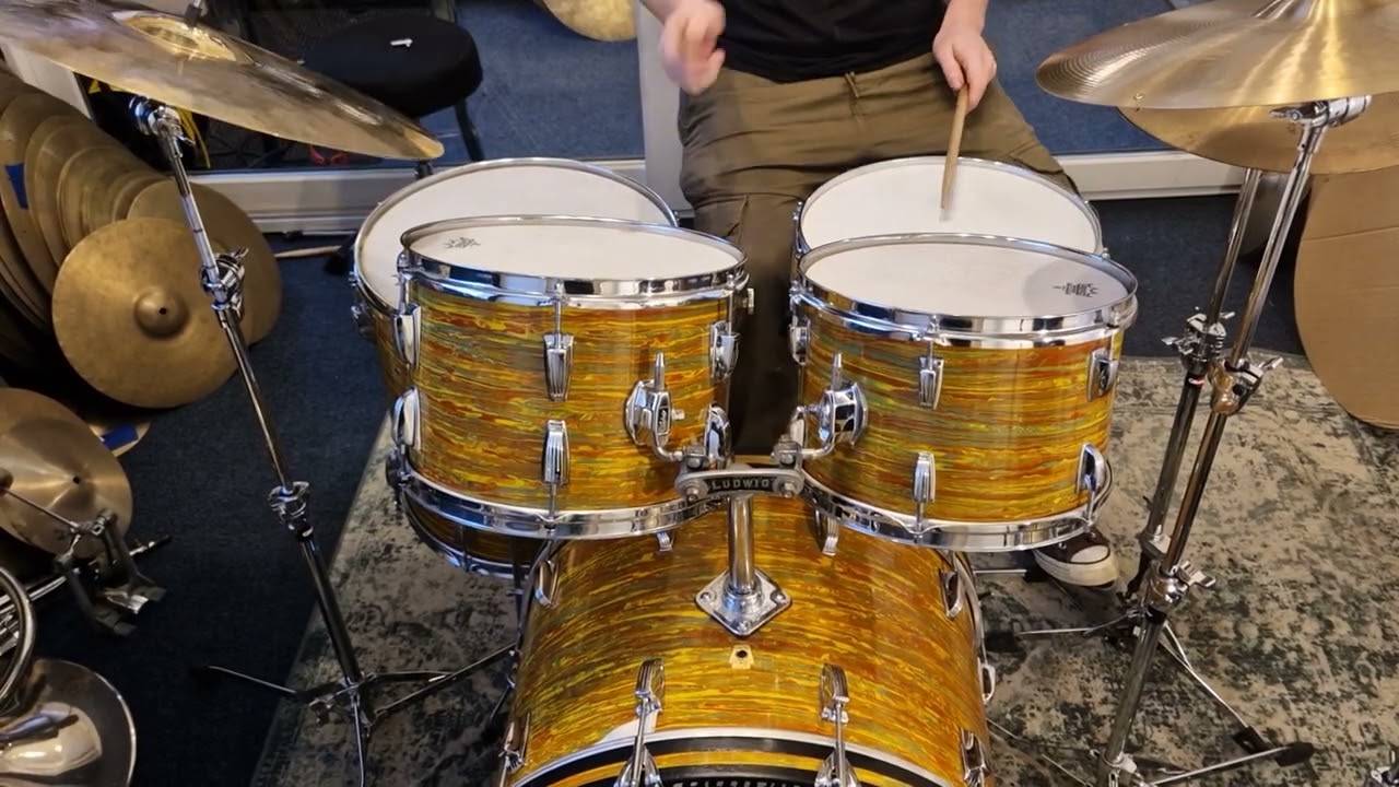 Ludwig 1968 Hollywood in Citrus Mod, 22,12,13,16. 1977 Supra 402 Paiste 602 18 Ride 505 Hats