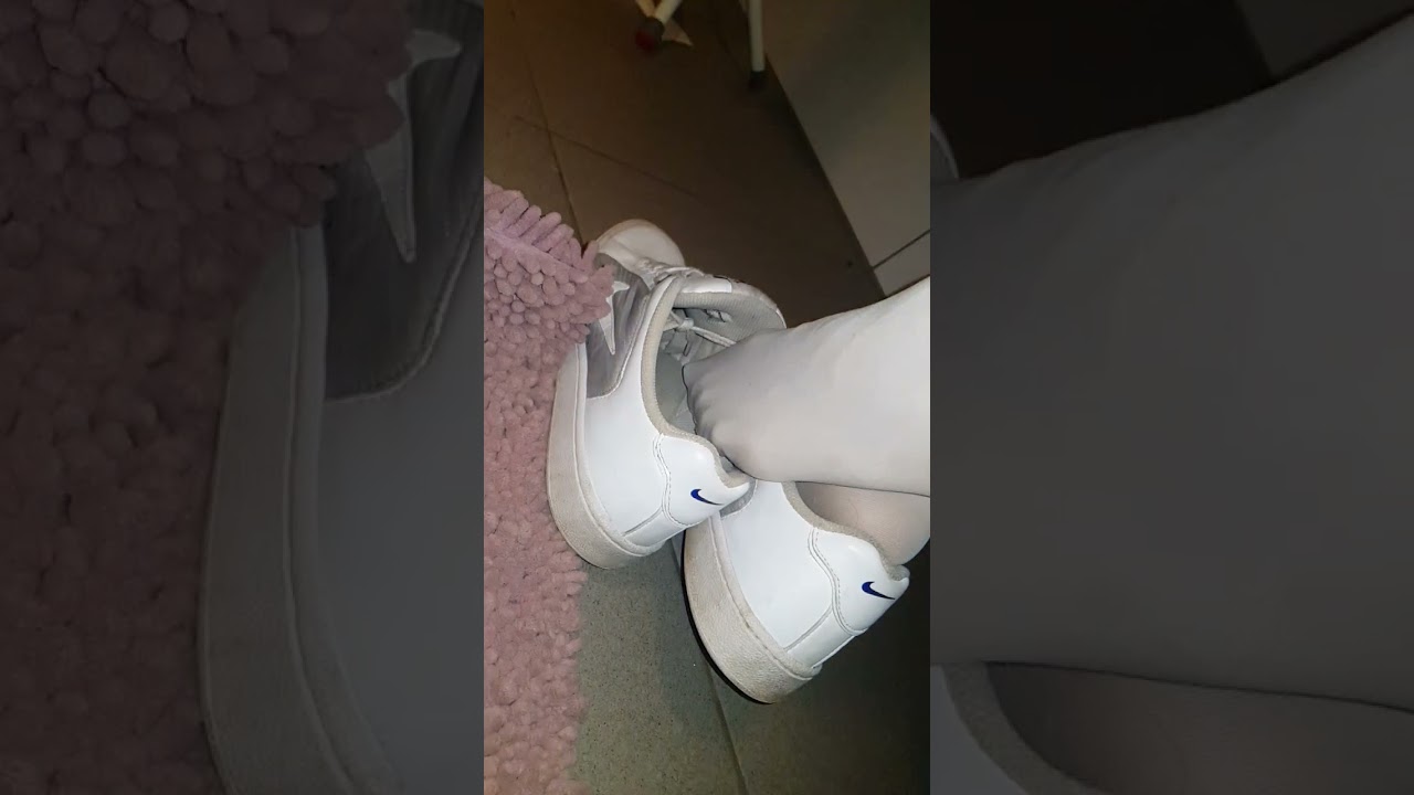 Girl loose-laced Sneakers Shoeplay tease in Nike Court Tradition and white nylon stockings HOT