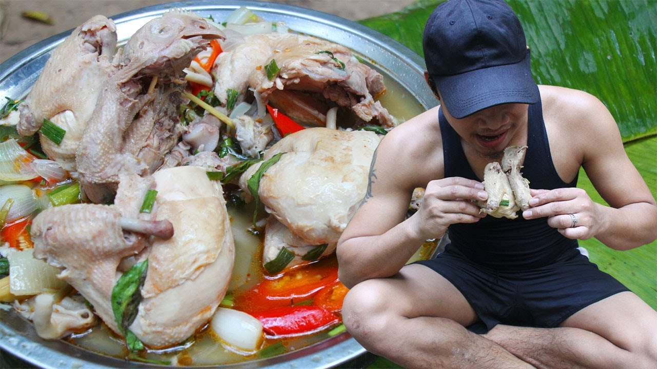 Cooking Tomyam Thai Chicken Spicy Soup Eating So Yummy in Jungle - Cook Tomyam Chicken Recipe