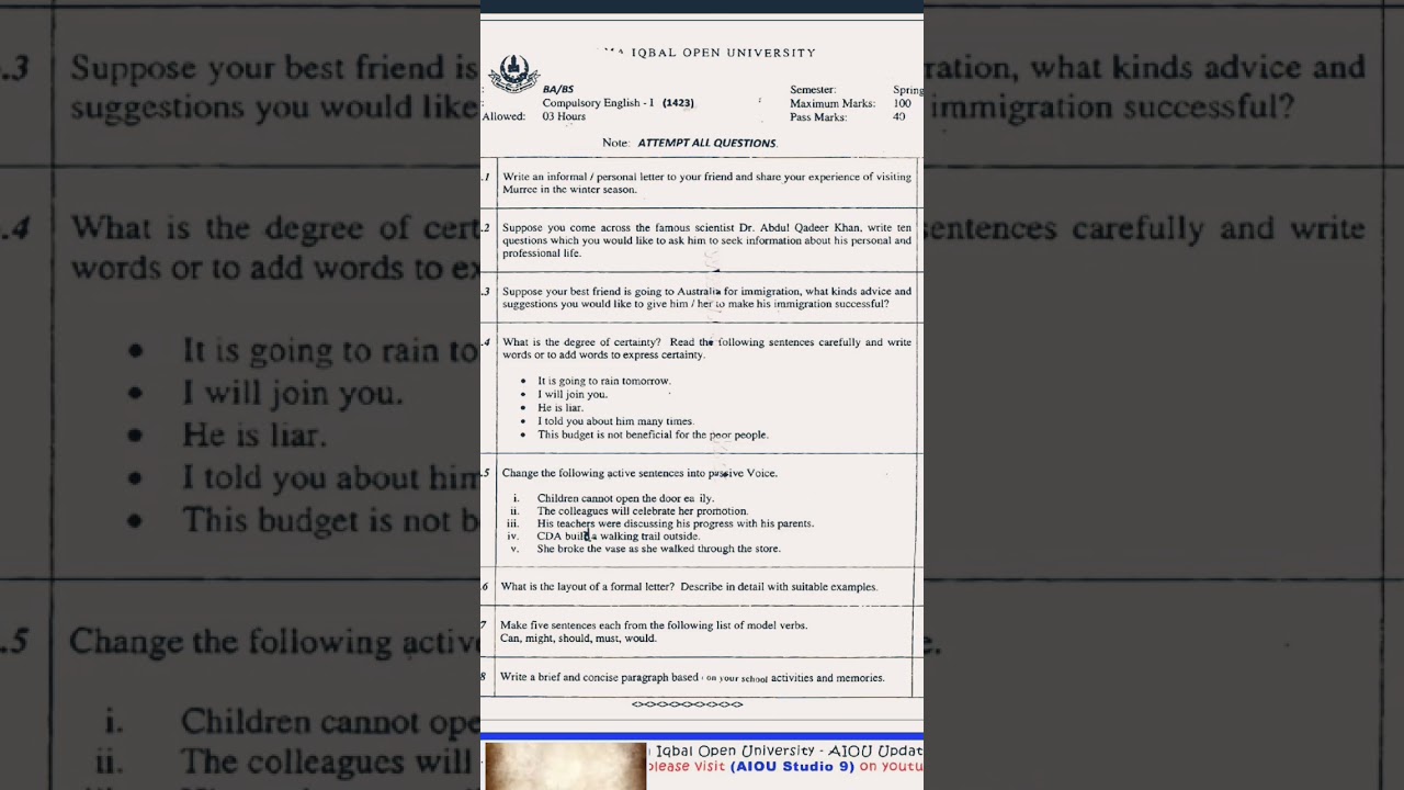 Allama Iqbal Open University B.A English 2017 Spring Semester Past Paper #pastpaper #aiou #exam #edu