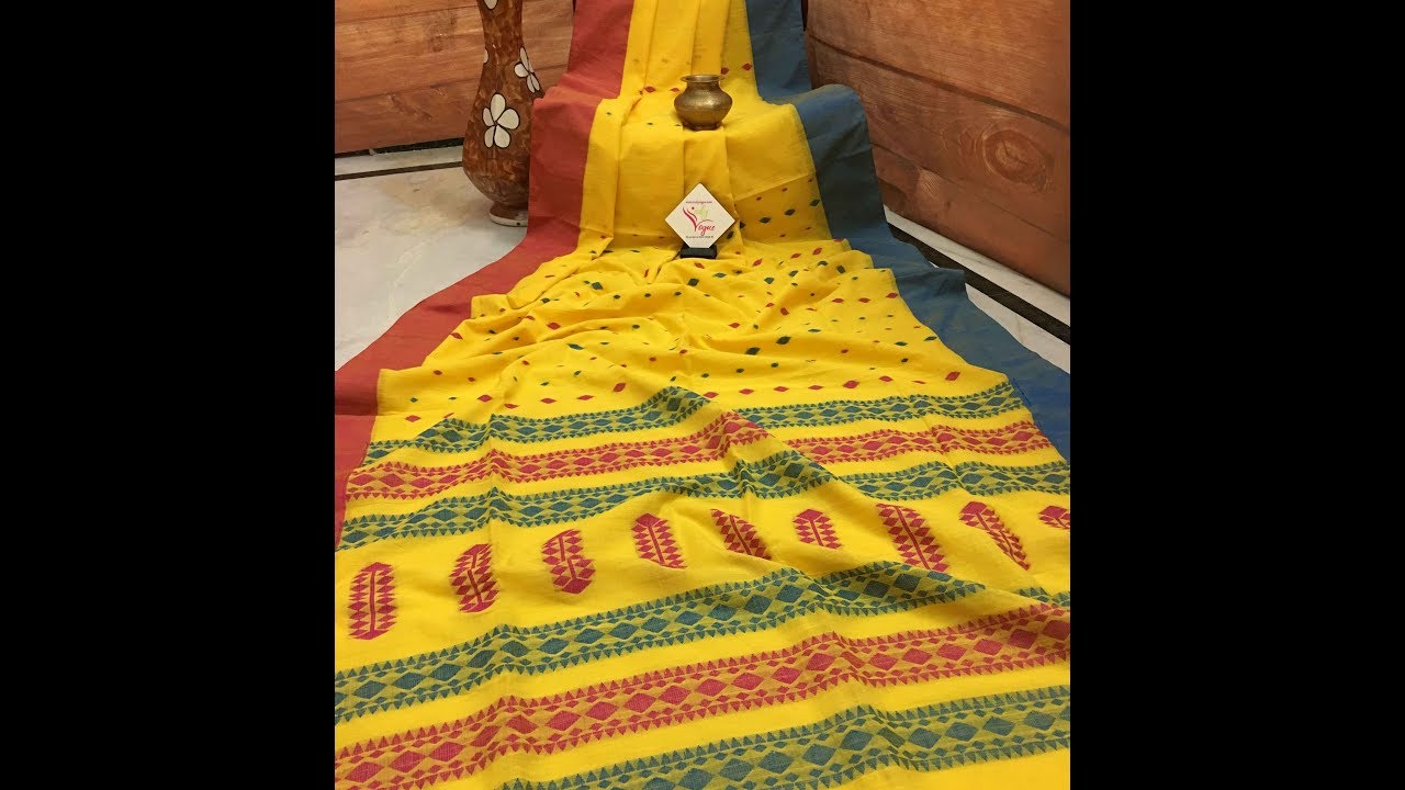 Deep Yellow and Multi Color Thread work Handloom Saree