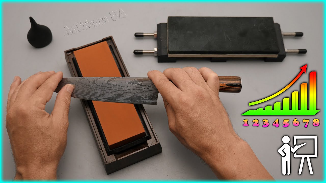 Алгоритм заточки ножа на водном камне до бритвенной остроты для новичка | Заточка за 8 шагов