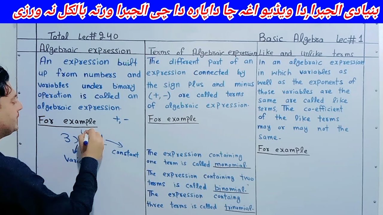 Basic Algebra lec#1 in pashto | Algebra class 6 in pashto | Algebaraic expression in pashto | maths