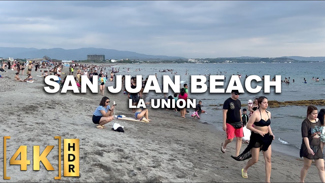Crowded Beach Walking Tour at San Juan, La Union | 4K HDR | Philippines